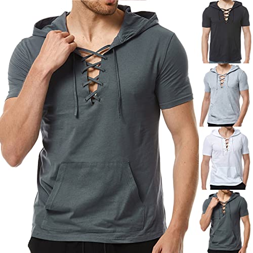 Cambkatl Men Short Sleeve Hoodies Fashion Lace Up Pullover Hooded Tee Shirts Summer Casual Lightweight Sweatshirts2