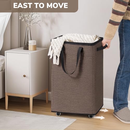 Image of Goodpick Laundry Basket with Wheels, 75L Collapsible Laundry Baskets with Removable Wash Bag, Clothes Laundry Hamper on Wheels, Light Brown
