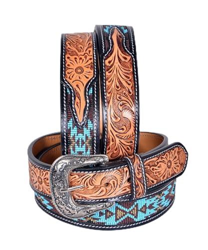 Western Tooled Leather Beaded Belt For Men and Women 30IS108