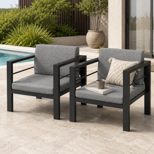 COVERONICS Outdoor 2 Pieces Aluminum Armchair - Patio Sofa Chair with Aluminum Frame and Waterproof Cushions, All-Weather Furniture Conversation Sofa Set Balcony Backyard Poolside Gray COVERONICS Outdoor 2 Pieces Aluminum Armchair - Patio Sofa Chair with Aluminum Frame and Waterproof Cushions, All-Weather Furniture Conversation Sofa Set Balcony Backyard Poolside Gray