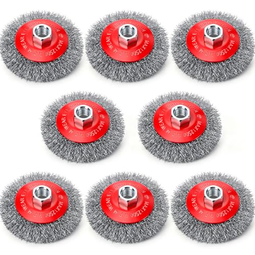 Image of Bokon 8 Pack 4 Inch Coarse Crimped Wire Wheel for 4 1 /2 Angle Grinder with 5 /8 Inch-11 Threaded Arbor - 0.014 Inch Carbon Steel Wire for Rust, Corrosion, Paint Removal