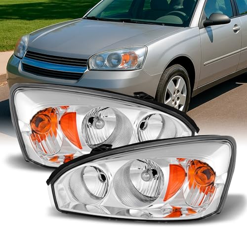 AKKON - Fits 2004-2007 Chevy Malibu 2008 Malibu Classic LS/LT Model [Halogen Type] Chrome Headlight Pair Left+Right Headlamps