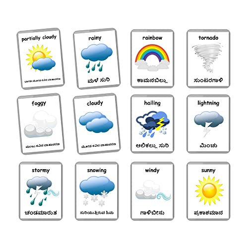 Image of Kannada English Bilingual Flash Cards | Montessori Cards | Laminated Flash Cards | Early Education (Weather - 18 Cards)