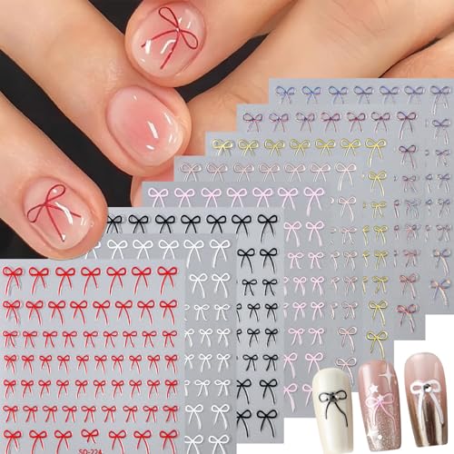 Red Valentines Bow Nail Stickers for Nail Art - 8 Colors with 3D Pink Bow Tie Laser Glossy and Black White Bowknot Cute Nail Decals Self-Adhesive DIY Wedding Or New Years Nails Charms Decorations