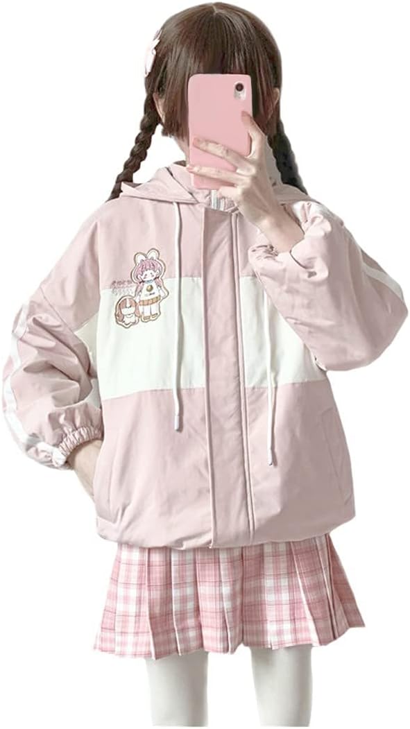 Women Zip Up Hoodie Cute Anime Girl Embroidery Color Matching Coat Teen Girls Kawaii Jacket Loose Hoodies Tops For Autumn Winter