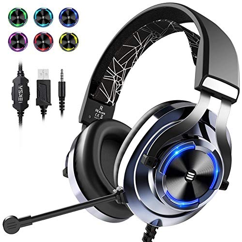 Auriculares gaming de 3.5mm con doble jack y microfono giratorio para PC o PS4 azul 2