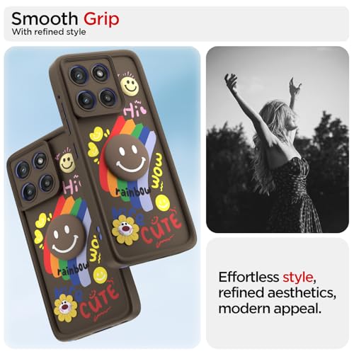 Image of Pikkme Back Cover for Motorola Moto Edge 60 Stylus 5G | Soft Silicone| Cute Rainbow Smile & 3D Cartoon Flower Design | Shockproof Raised Camera Protection Bumper Case (Brown)