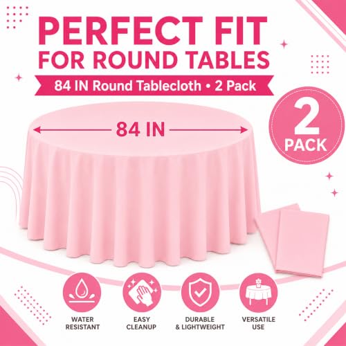 Image of WNINK 2 Pack Light Pink Round Tablecloth, 84 Inch Disposable Plastic Table Covers, Light Pink Round Table Cover for Birthday Parties, Holiday, Picnic, BBQ, Family Gathering Party Supplies