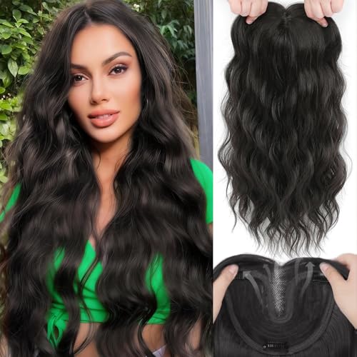 OOPPOO Hair Toppers for Women, 20 Inch Hand Tied Breathable Toppers Hair pieces for Women with Thinning Crown Curtain Bangs Mix Human Hair Clip in Curly Lightweight Wiglets(Dark Brown)