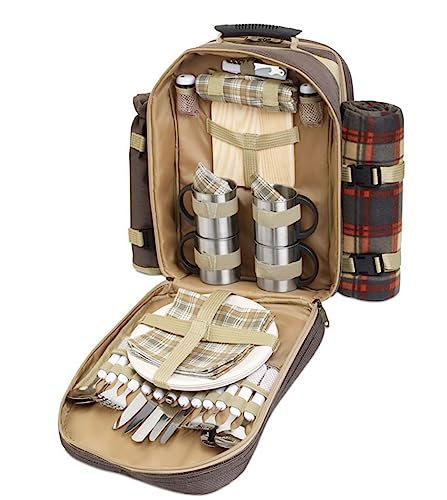 Picknickrucksack für 4 Personen mit Picknickdecke, Metall-Geschirr, Holzschneidbrett, Flaschenkühler, Salzstreuer, Servietten und Besteckset – Ideal für Outdoor & Camping