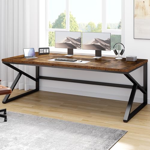 Image of HSH Large Rustic Brown Computer Desk, 70 Inch Home Office Metal Wood Desk for 2 Person, Farmhouse Extra Long Writing Study Gaming Table, Bedroom Living Room PC Laptop Dual Monitor Desk