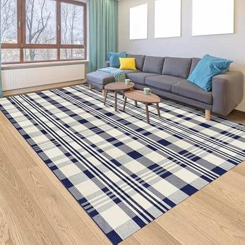 Aoczes Buffalo Plaid Rug 6x9 Cotton Woven Rug Navy and Off White Checkered Rug Buffalo Check Rug Home Decor Washable Indoor Outdoor Area Rug for Living Room Bedroom Dining Patio Farmhouse Carpet Cover
