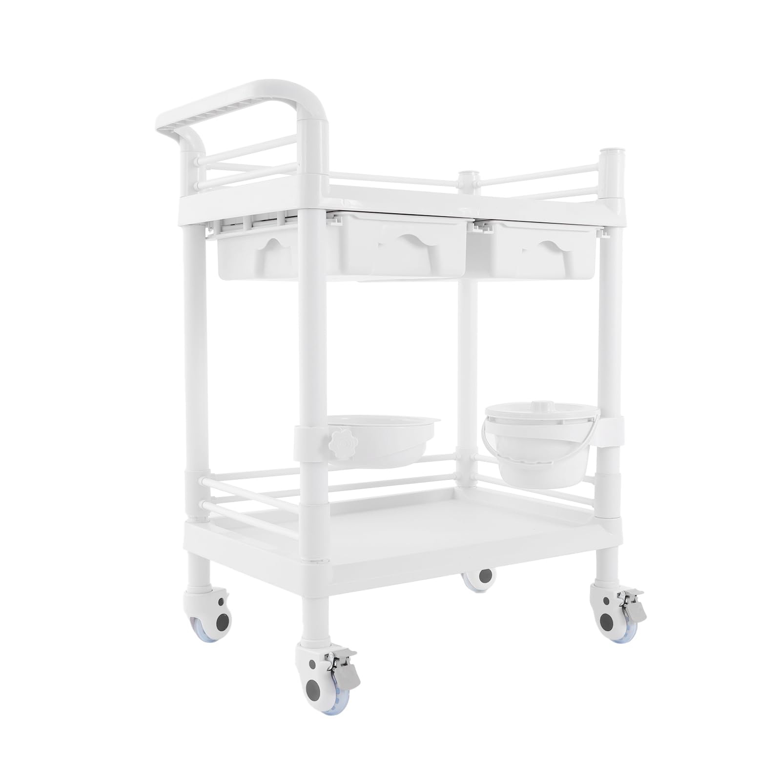 OUKANING Carrello medico con 2 cassetti e ruote dei freni, carrello da laboratorio arrotolabile in ABS, portata 90 kg, 64,5 x 44,5 x 90 cm, bianco multifunzionale per ospedale, studio cosmetico e