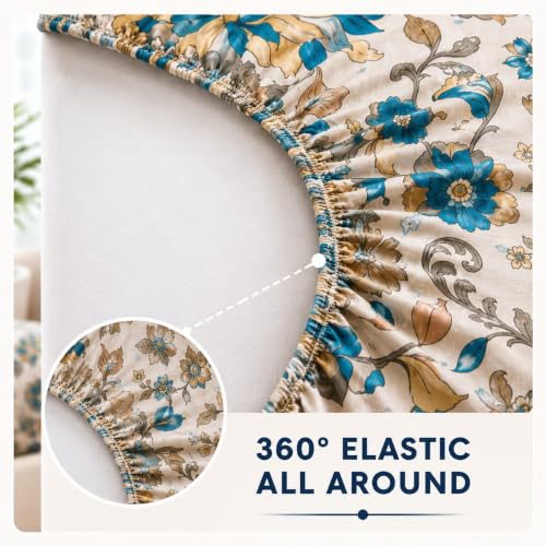 Image of Trance Home Linen 144TC 100% Cotton 84 inchx72 inch Elastic Fitted Bedsheet Cal.King Bed Size | Printed Fitted Sheet | Elasticated Fitted Bedspread with 2 Pillow Covers (84x72 inch, Kalamkari Rust)