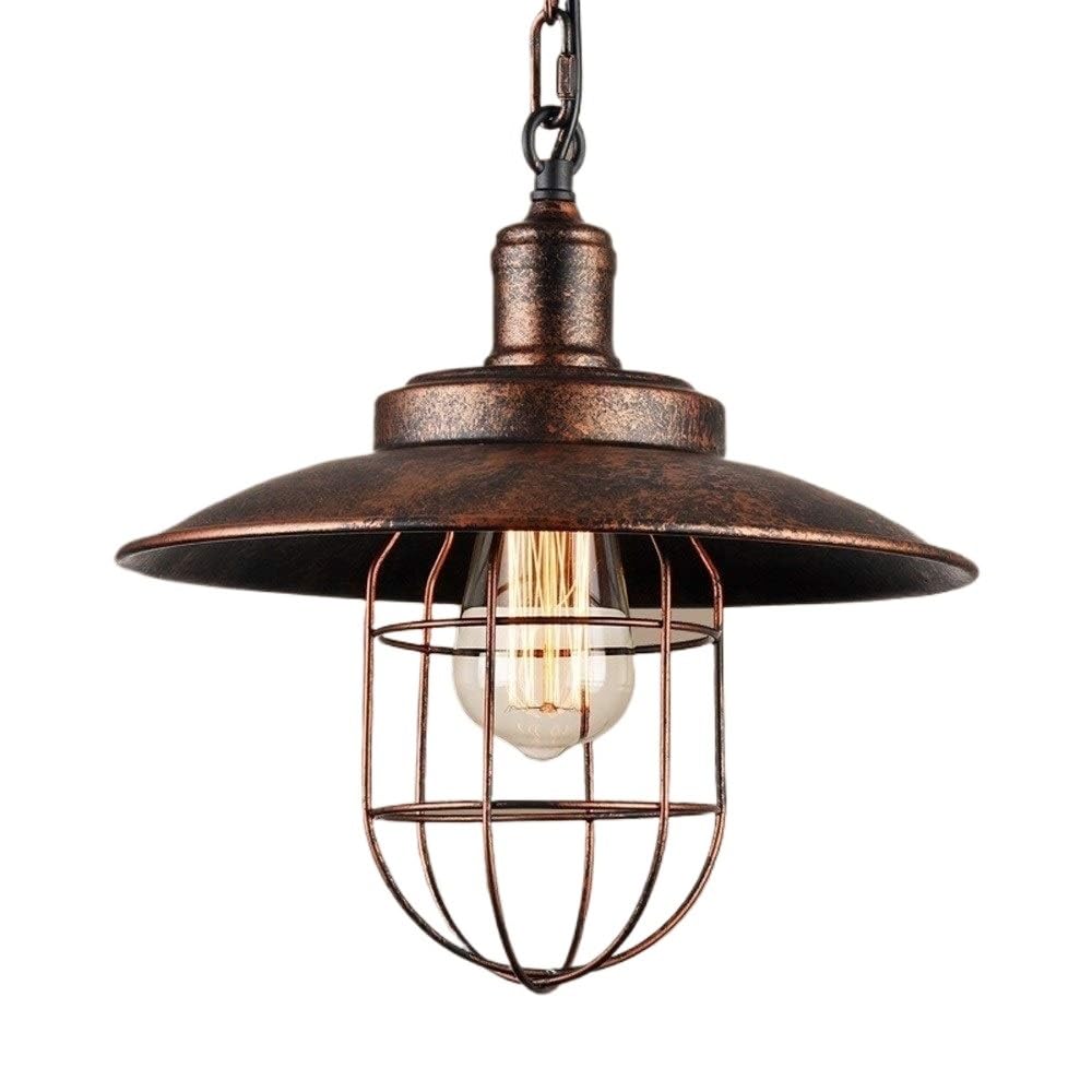 BLOOHK Vintage Rust Bronze Pendant Light, Industrial Metal Hanging Lamp with Cage