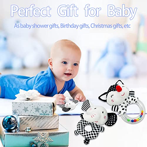 Baby Rattle Newborn Toys - Baby Rattles 0-6 Months High Contrast Black and White Toy 0-3 Month Babies Montessori Toy 6 to 12 Month Infant Teether Chew Toy Plush Stuffed Animal Shower Gift