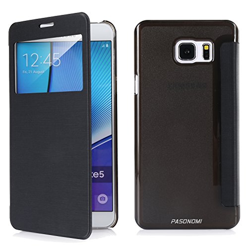 PASONOMI Galaxy Note 5 Case, [Smart Window View] Samsung Galaxy Note 5 Folio Wallet Case - Slim Flip Leather Case for Samsung Galaxy Note 5 (View Series Black)
