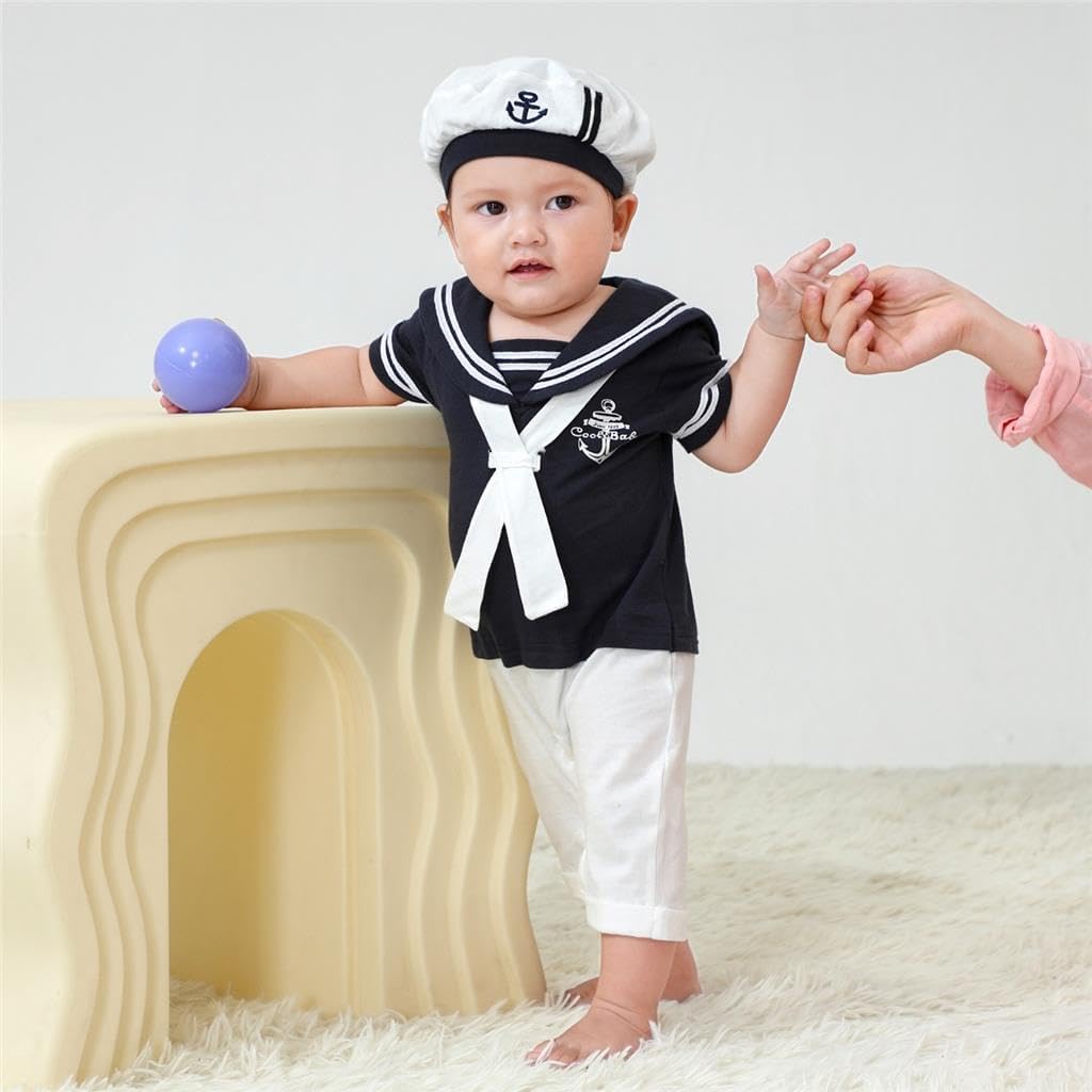 Dressy Daisy Infant Baby Boy Sailor Outfit Nautical Onesie Romper Bodysuit Costume Clothes with Hat, White Navy - Image 3