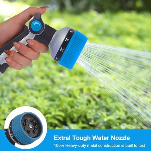Garden Hose Nozzle, 100% Heavy Duty Metal Water Hose Sprayer with 10 Spray Patterns, High Pressure Water Nozzle with Thumb Control, On Off Valve for Watering Plants, Washing Cars & Pets, - Thumbnail 2