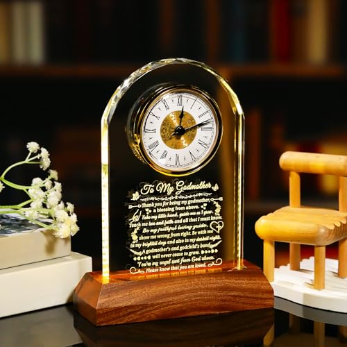Image of Arikyrist Godmother Gifts from Godchild with Wooden Light Base, Glass Clock Gift for Best Godmother on Birthday Christmas Mothers Day Thanksgiving from Goddaughter Godson Table Decor