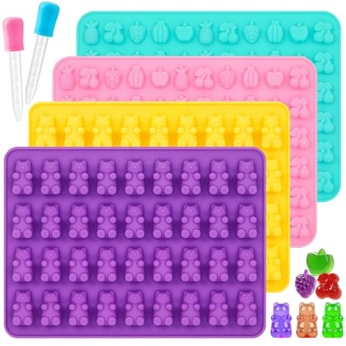 Image of Gummy Bear Mold Silicone, Fruit Snack Molds Gummies Trays Molds with Dropper for Candy Chocolate, 4Pcs Medium & Mini