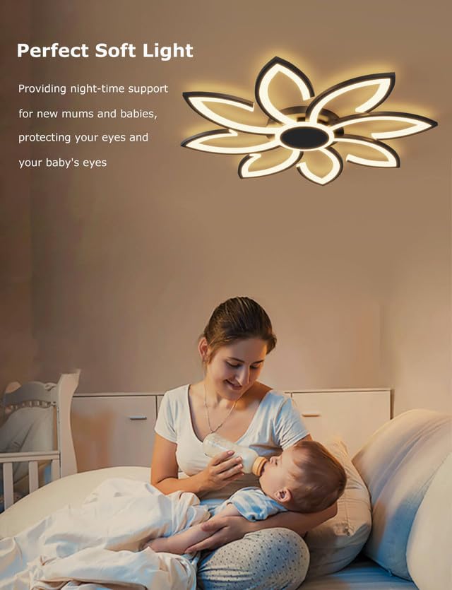 LJX 90cm Lámpara LED Techo Compatible con Alexa y Google Assistant Moderna Flor Inteligente Iluminación Luz y Mando a Distancia Negro Dimmable Temporizable para Dormitorio Salón