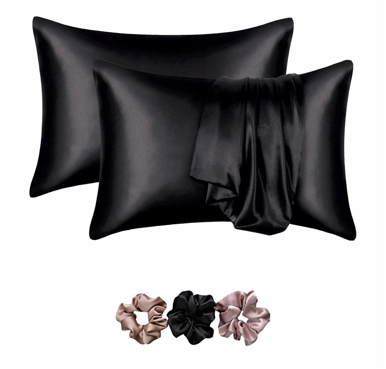 AP SALES Satin Silk Pillow Covers for Hair and Skin with Satin Scrunchies for Women Stylish |Satin Pillow Covers for Hair and Skin 2Pack |Silk scrunchies for Women 3Pack (King, Black)