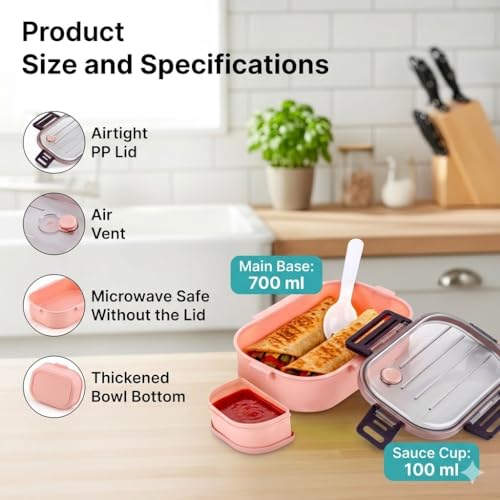 Image of 3-Compartment Lunch Box with Spoon, Leakproof BPA Free Plastic Container, Airtight Lock Lunch Box for Kids School, Office, Picnic & Travel