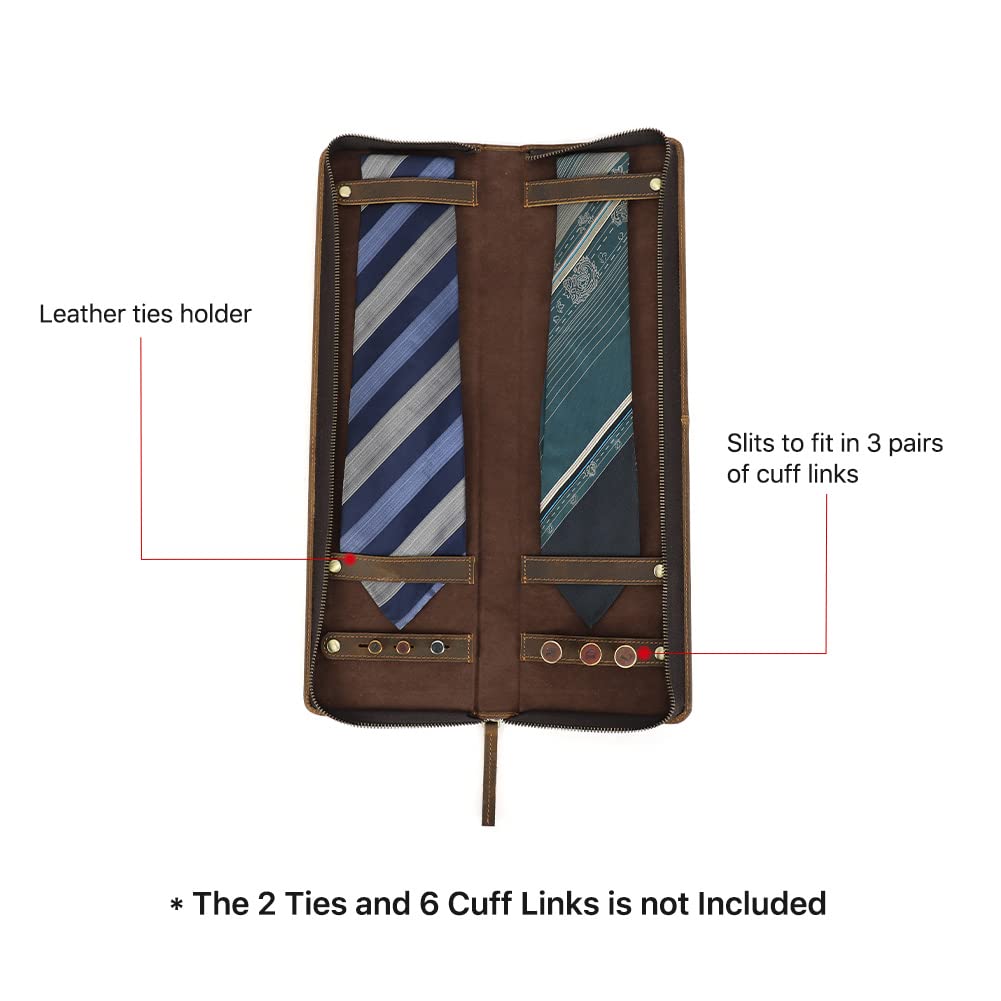 Hiram Scatola porta cravatte in vera pelle, organizer portatile per cravatte per viaggiatori d'affari, 4003-caffè, For 2 Ties, Custodia per cravatte