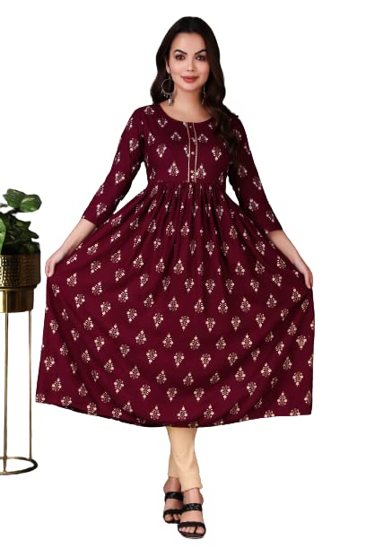 Jhumki creation Women's Rayon Printed Anarkali Wine Kurta for Women & Girl's-JC137-WIN-P