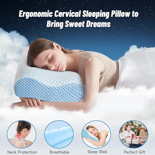 Image of CloudBliss Neck Pillow for Sleeping, Ergonomic Cervical Neck Pillow for Neck Pain Relief, Memory Foam Pillow fit Neck Contour, Bed Pillow for Side Back Stomach Sleepers (Blue, Standard Size)