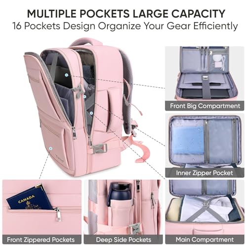 BALEINE Travel Backpack for Women Men, Large Sturdy Carry On Laptop Backpack Gifts for Business, Casual, Weekender, Hiking (Large, Pink) — view 2