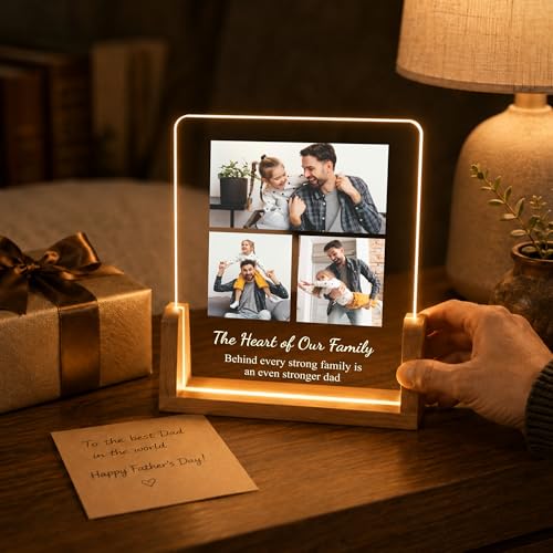 Image of Giftplease Personalized Fathers Day Rectangular Acrylic Wood Tabletop Photo Frame | Custom Picture Layout Warm Led Light Base Desktop Night Decor Standee for Dad Papa Husband Stepdad Grandfather