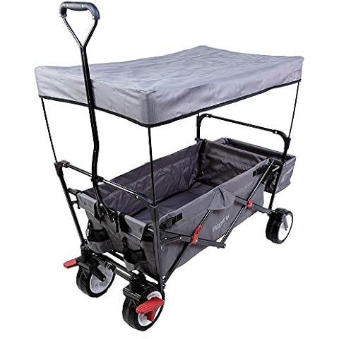 FUXTEC folding wagon - hand cart - garden trolley - carriage of children - outdoor - transport - beach - loose ground - removable canopy - pull handle - 4 wheels - rear bag - cover - CT350 grey Cover