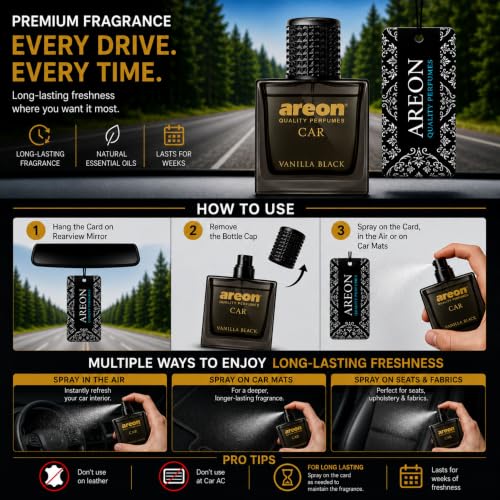 Image of AREON MCP08 Vanilla Black Car Perfume Spray - 1.7 Fl Oz Glass Bottle Air Freshener - Long-Lasting Fragrance for Car Interior - Premium Auto Air Freshener - Elegant Scent (50ml)
