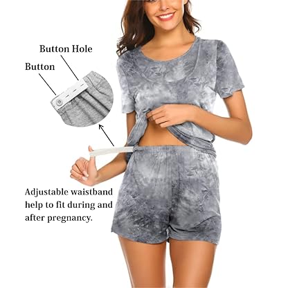 Ekouaer Maternity Nursing Pajamas Set Short Sleeve Breastfeeding Sleepwear Double Layer Postpartum Top and Shorts Set - Image 4