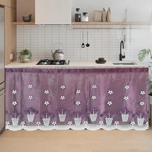Image of Embroidered Kitchen Sink Curtain with Rod Pocket | Decorative Under Sink Cabinet Curtain | Floral & Peacock Design | Washable Fabric | Size: 150 x 71 CM (Purple, Pack of 1)