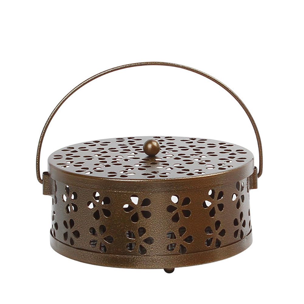 Portable Iron Mosquito Coil Holder with Handle Round Fireproof Incense Mosquito Holder for Home Office Camping (Bronze)