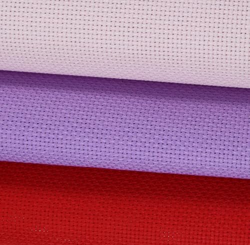 Image of KCS 3 pc of 15 inch x 18 inch(38cmx45cm) Counted Cross Stitch Cotton Aida Cloth Needlework Rolled Fabric Box,14CT,Lavender+Pink+Red