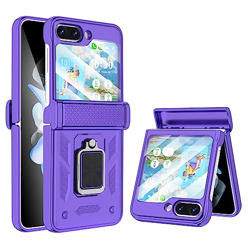 Galaxy Z Flip 5 Case with Hinge Protection Back Screen Protector Shockproof Z Flip 5 Case Ring Kickstand for Samsung Flip Z 5G Case - Purple