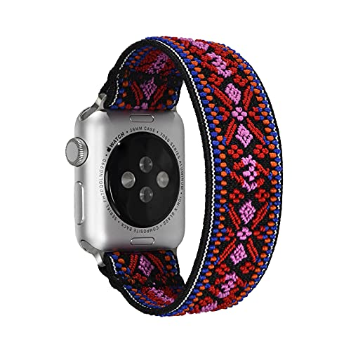 Tefeca Red Embroidery Ethnic Pattern Elastic Compatible/Replacement Band for Apple Watch (Silver Adapter, S for 6.0-6.5 inch wrist, 38/40/41mm)