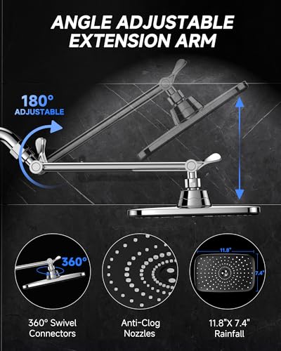 Image of Veken 11.8 inch Rainfall Shower Head with 11 inch Stainless Steel Exension Arm | Rectangular Rainfall Showerhead,Height & Angle Decor Adjustable, High Pressure, Bathroom Accessories, Chrome