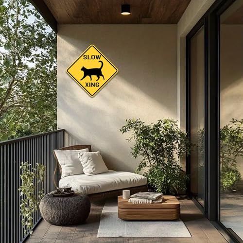 Image of Cat Xing Crossing Sign Black Cat Metal Signs Yellow Street Sign 12X12inch | Novelty Home Yard Wall Decor Indoor& Outdoor