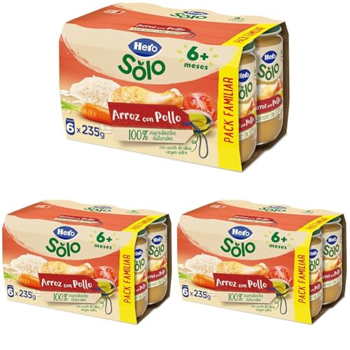 Hero Baby - Tarritos de Arroz con Pollo, Alimento Infantil para Bebés a Partir de los 6 Meses, 100% Ingredientes Naturales, Sin Aceite de Palma, Almidón, ni Sal Añadida - Pack 6x235 g (Paquete de 3)