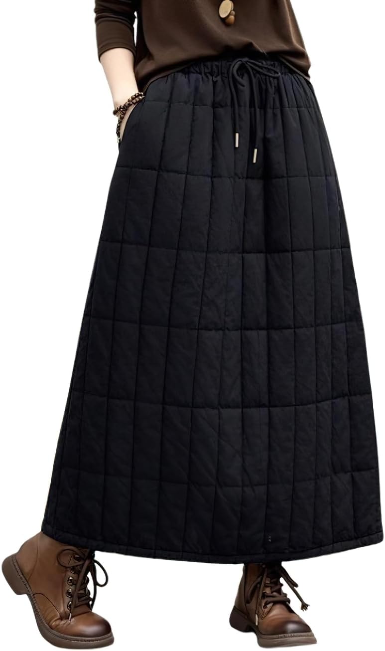 chouyatou Women's Winter Elastic Waist Padded Quilted Midi Long Puffer Insulated Skirt with Pockets