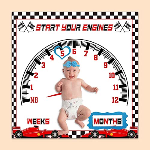 Image of PHMOJEN Baby Monthly Milestone Blanket, Racing Car Speed Disc Check Flag Blanket for Nursery, Unisex for Newborn 1-12 Months, Includes 4 Frame and 1 Headband 47"x47" BTLSPH343