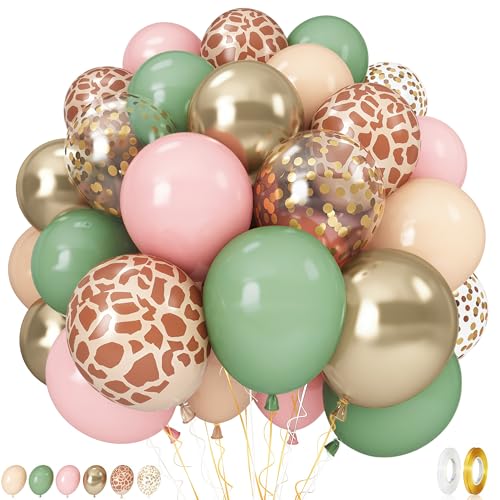Pink Jungle Safari Balloons 60PCS Sage Green Pastel Pink Gold Balloon Light Pink Cream Beige Balloon with Animal Print for Girls Birthday Baby Shower Wild One Giraffe Party Decorations Supplies