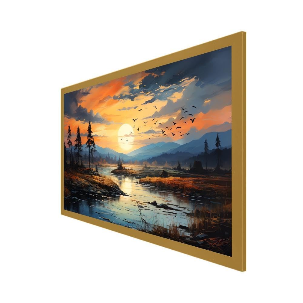 DEKORSTATION Beautiful Nature Sunset Over a River with Trees and Mountains Floating Frame Canvas Wall Painting for Living Room |Bedroom | Office | Drawing room |Hotels Decoration (12 Inch x 18 Inch) 1