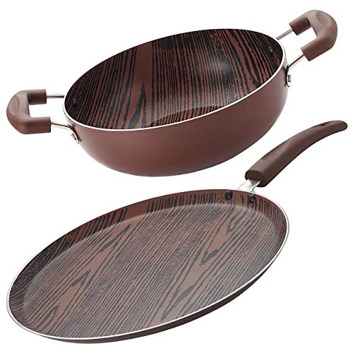 Image of Nirlon Woody Non Induction Base Non Stick Aluminium 2 Piece Pots and Pan Set [Flat Dosa Tawa 26cm + Deep Kadhai 24cm - 3 Liter]