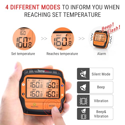 Image of TempPro TempSync 1000FT Wireless Meat Thermometer for Grill with 4 Probes | RF Technology, Alarms, Large Digital Backlit Display, Stainless Steel Probe, Smoker, BBQ, Grill Cooking Gift